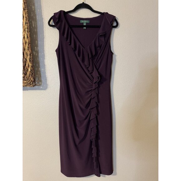 Ralph Lauren Dress 12 Dark Purple Stretch Sleeveless Ruffle V Neck Washable NEW - Picture 9 of 10